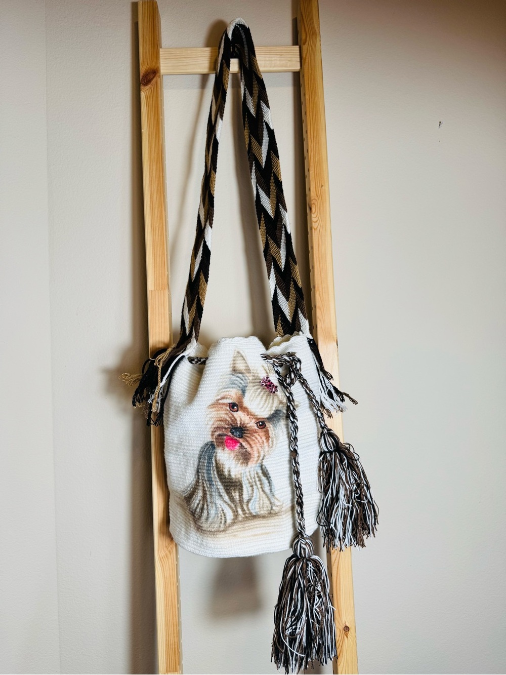 Custom Handwoven Wayuu Mochila Bag - Airbrushed Yorkie Pet Portrait